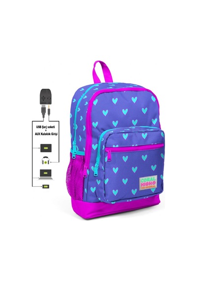 Coral High Kalp Baskılı Kız Çocuk İlkokul Çanta Seti - Usb Çıkışl