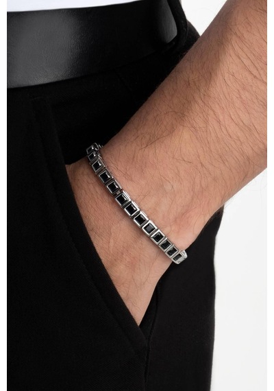 Siyah Taşlı 18 Ayar Beyaz Altın Kaplama Unisex Gümüş Su Yolu Bileklik Beyaz