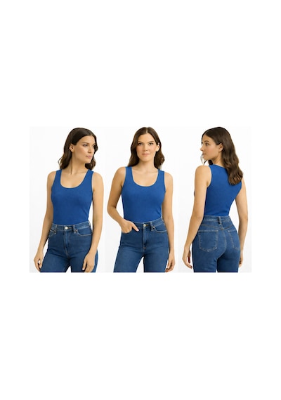 İngegno Body Geniş Bisiklet Yaka Sıfır Kol Viskon Örme Ring Kumaş Body Kadın Mavi