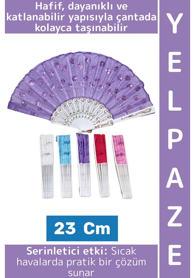 Dekoratif Hediye Sıcak Havalarda Etkili Katlanabilir Çanta Boy Çok Şık Plastik Pullu Yelpaze 23 Cm