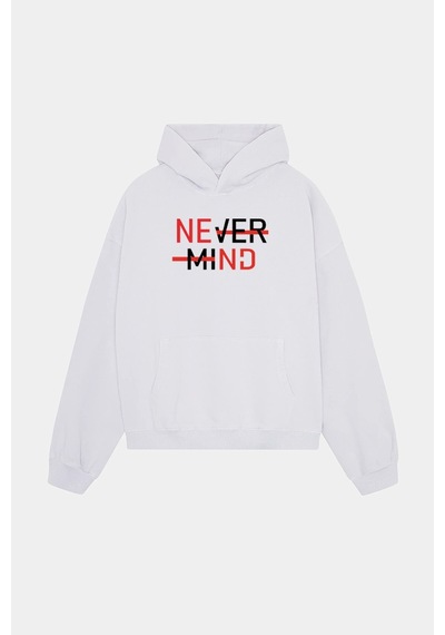 Baskılı Kapüşonlu Sweatshirt - Unisex Oversize Hoodie Beyaz