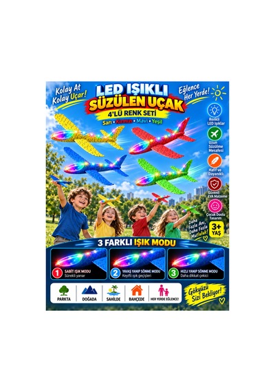 4 Lü Led Işıklı Köpük Uçak Seti Sarı, Kırmızı, Mavi & Yeşil Hafif Dayanıklı Fırlatma Uçağı Açık Hava Oyuncağı - 922589726