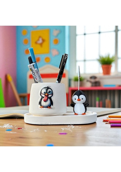 Dekoratif Sevimli Penguen Baskılı Kalemlik Ve Penguen Notluk Seti Renkli