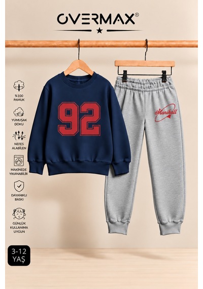Overmax 92 Baskılı Çocuk Bisiklet Yaka Sweatshirt Eşofman Takımı- 3-12 Yaş Lacivert Üst-gri Alt - 928488349 Lacivert Üst-gri Alt