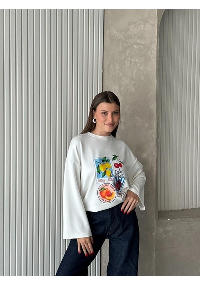 Trend Paris Kadın Bisiklet Yaka Geniş Kol Desenli Dökümlü Bluz Çok Renkli