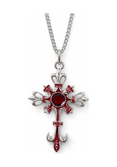 Gotik Kırmızı Taşlı Haç Kolye Gümüş Renk Zincir Unisex Çok renkli