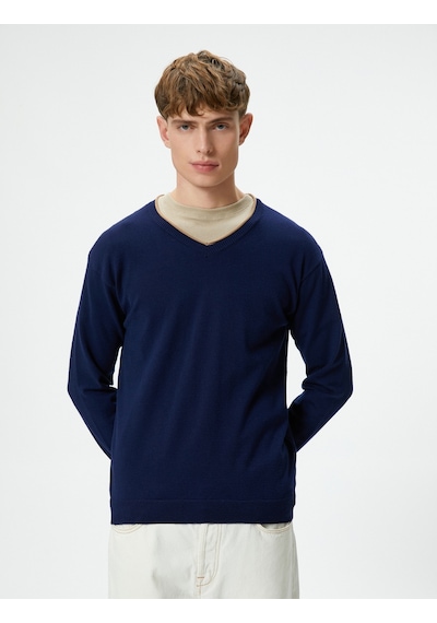 Koton V Yaka Kazak Triko Slim Fit Uzun Kollu Lacivert 4wam70116ht725 Lacivert