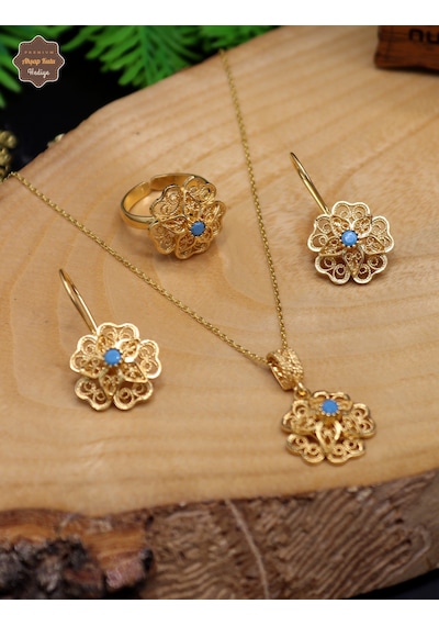 Firuze Taşlı Gül Model Kadın Gold Kaplama 925 Ayar Gümüş Telkari Üçlü Set 201025203 Gümüş