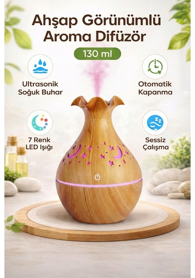 Ahşap Görünümlü Aroma Difüzör 130 Ml Ultrasonik Soğuk Buhar Sessiz Rgb Led Otomatik