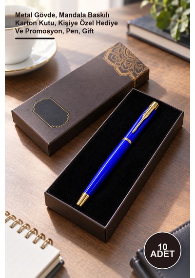 10 Adet Mavi Metal Roller Kalem Metal Gövde, Mandala Baskılı Karton Kutu, Kişiye Özel Hediye Ve Promosyon, Pen, Gift