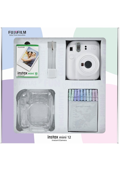 Fujifilm Instax Mini 12 Fotoğraf Makinesi + 10'lu Film Simli Pleksi Kılıf  Beyaz