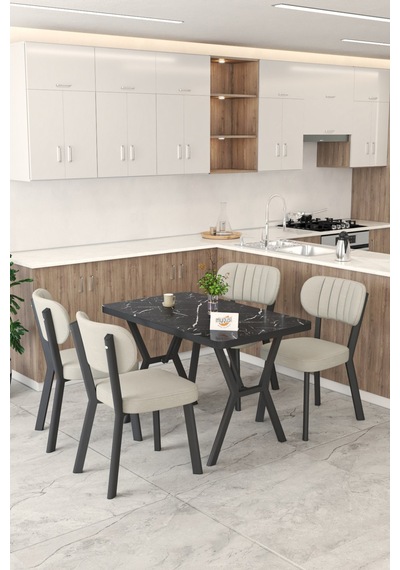 Gnr 70x110cm Sabit Siyah Mutfak Masası Takımı, Yemek Masası, 4 Modern Krem Sandalye Krem