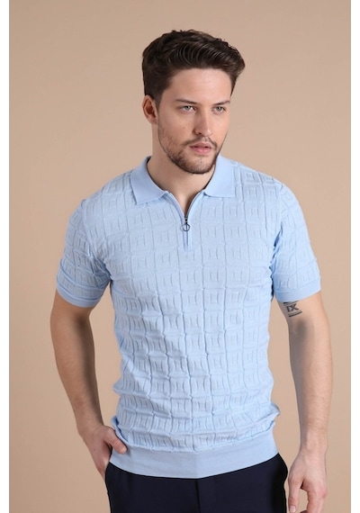 Ferraro Mavi Polo Yaka Fermuarlı Erkek Pamuk Triko T-Shirt-Mavi (490417758) Mavi