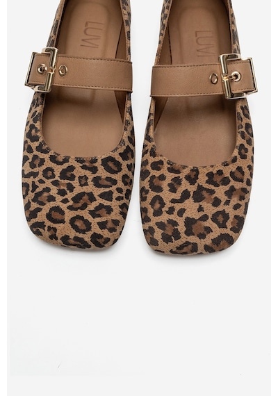 Luvi Shoes Jonas Siyah Sarı Desenli Hakiki Deri Kemerli Kadın Babet Ayakkabı Leopar