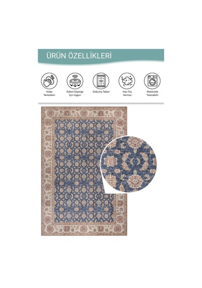 Artloop Relic Lacivert Krem Vintage Çiçek Motifli Klasik Desenli Dokuma Tabanlı Şönil Halı Al 566 Lacivert-krem