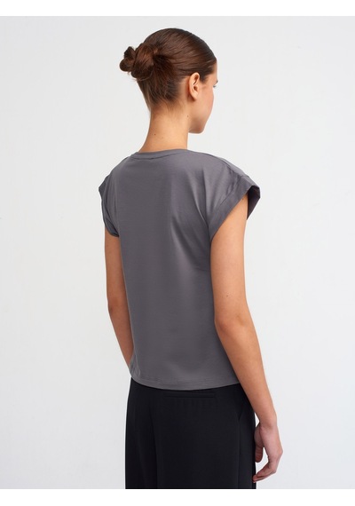 Dilvin Bisiklet Yaka Penye T-shirt-füme Füme