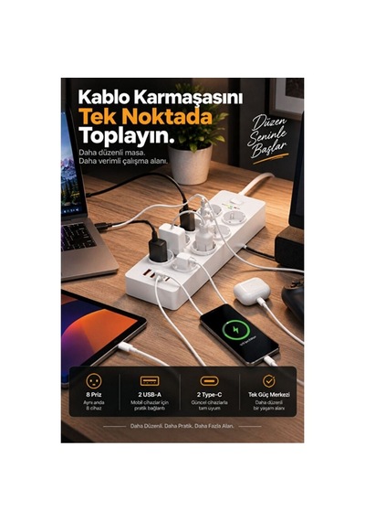 8 Prizli Çoklu Priz 3680w 2 Usb-a + 2 Type-c Akım Korumalı Güç Dağıtıcı 0 - 2 M