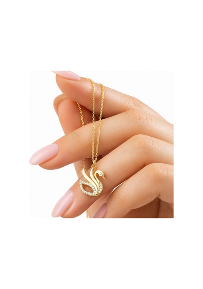 Premium Parlak Ve Şık Gold Renk Zarif Kuğu Kadın 925 Ayar Gümüş Kolye 45 Cm