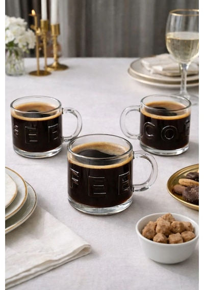 3 Lü Cam Kulplu Coffee Kahve Bardağı Bardak Kupa 320ml Şeffaf