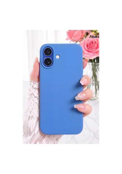 Fibaks iPhone 16 Plus Uyumlu Kılıf Kadife Lansman Soft Yumuşak Liquid Silikon Kamera Korumalı Kapak Mavi