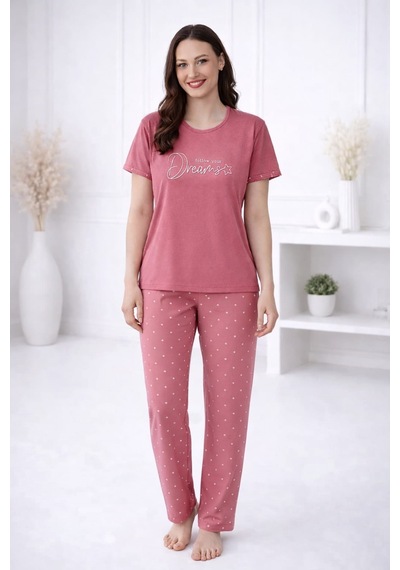 Pemilo Kadın 2004-22 Kısa Kol Likralı Bambu Pijama Takımı GÜL KURUSU
