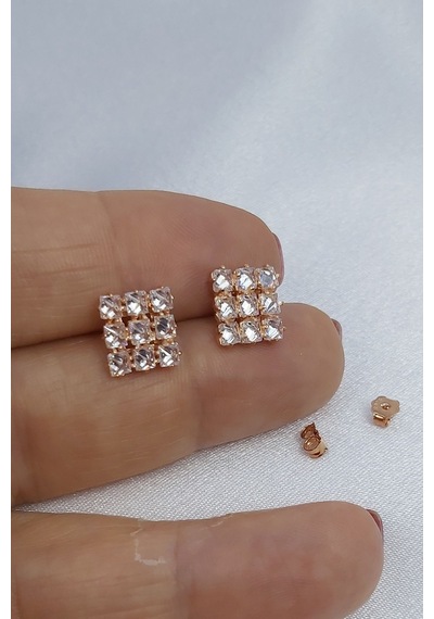 925 Ayar Rose Renk Baget Kare Gümüş Küpe