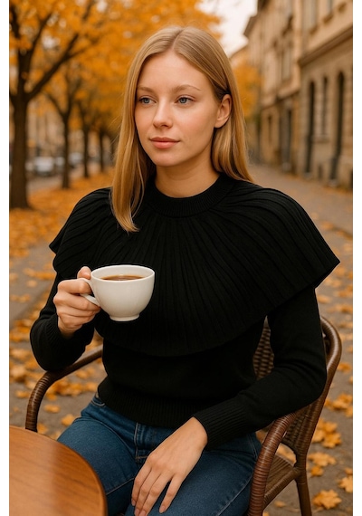 Hira Life Fashion Kadın Fırfır Detaylı Kısa Kazak Siyah Siyah