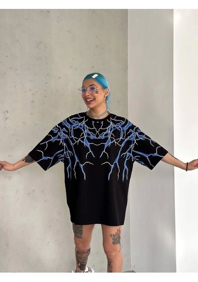 Unisex Yıldırım Baskılı T-shirt - Siyah