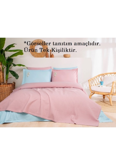 Özdilek Rf Waffle -pembe Mavi- Tek Kişilik Nakışlı Pike Takımı