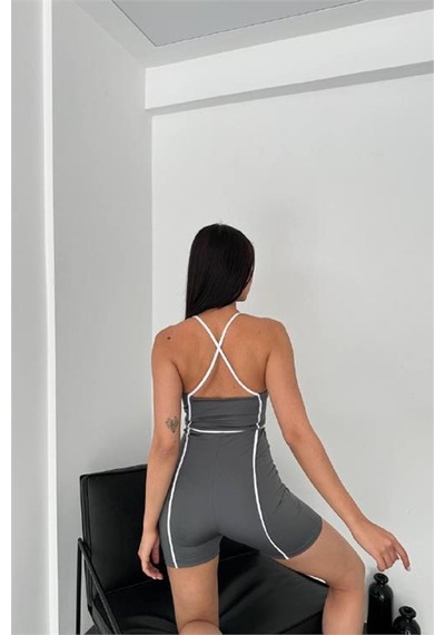 Neşeli Butik Kadın Çizgi Detaylı Sırt Dekolteli Mini Tulum Nbdf050-test Antrasit