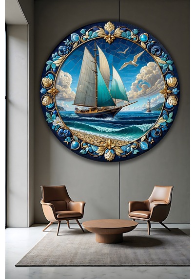 Mozaik Desenli Yelkenli Gemi Deniz Temalı Yuvarlak Temperli Cam Tablo Lüks Gold Detaylı Duvar Dekoru Deniz Temalı Dekoratif Duvar Tablosu, Salon, Ofis Ve Yazlık Dekoru, 80x80 Cm