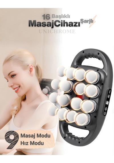 16 Başlıklı Masaj Cihazı Boyun Sırt Kol Bacak Masaj Aleti Ayarlanabilir Hız Ve Değiştirilebilir Mod Gri - Siyah