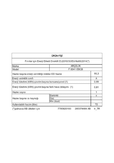 Arçelik F 8541 EBCB 72 LT Ocaklı Fırın
