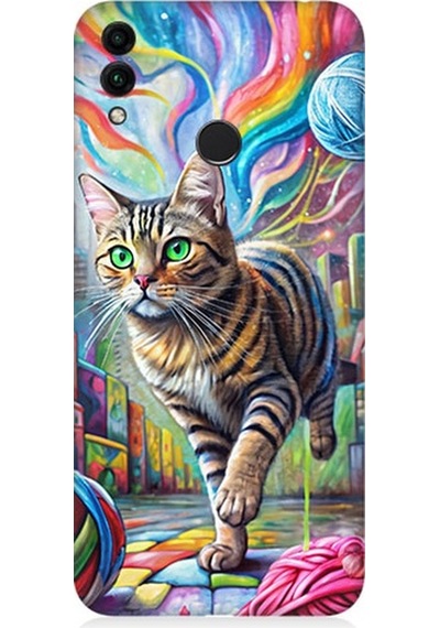Huawei Honor 8c Uyumlu Renkli Yumaklar Ve Kedi Desenli Silikon Kılıf