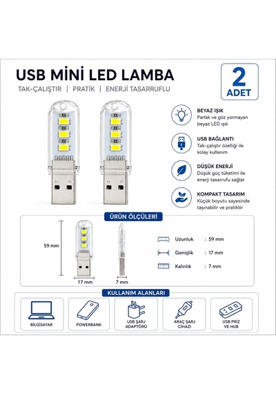 Flash Disk Görünümlü 2'li Usb Mini Led Gece Lambası Beyaz Işık Tak Çalıştır
