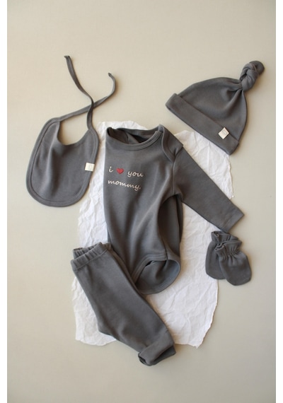 Oh Lala Koala Mom Nakışlı 5li Uzun Kollu Yenidoğan Set Gri