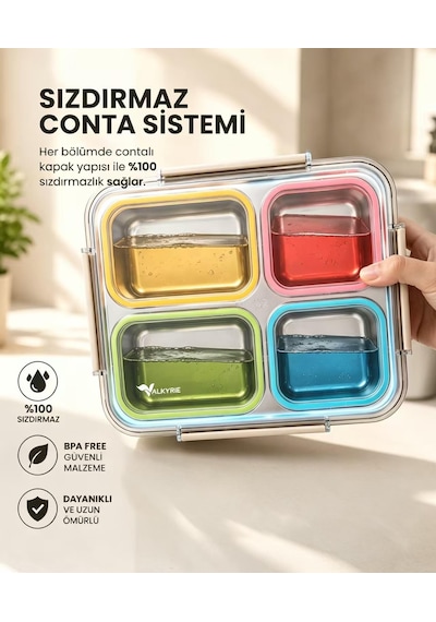 Valkyrie 1500 Ml 4 Bölmeli Paslanmaz Çelik Lunch Box Termal Çantalı 304 Çelik Sızdırmaz Yemek Kabı Çok Renkli