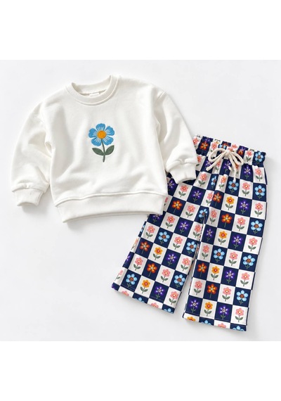 Cg Kids Çiçek Nakışlı Sweatshirt Ve Desenli Eşofman Kız Çocuk Alt Üst Takım Beyaz