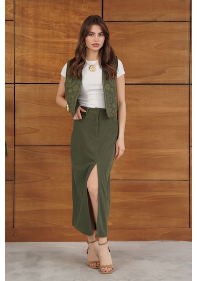 Verymoda Fitilli Kadife Etek F2033 Haki