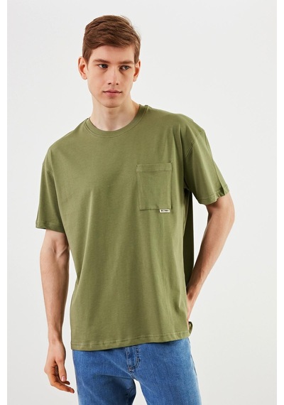 Leo Erkek Oversize Tshirt %100 Pamuk Cep Detaylı Bisiklet Yaka Basic Tişört Mtlce75 Haki