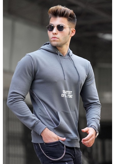 Madmext Füme Baskılı Kapşonlu Sweatshirt 5292 Füme