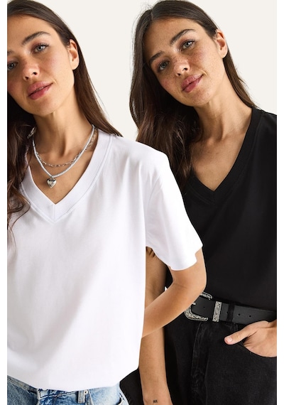Shade Pamuk Derin V Yakalı Comfort Fit T-shirt 60602066 - Beyaz-siyah Beyaz - Siyah L