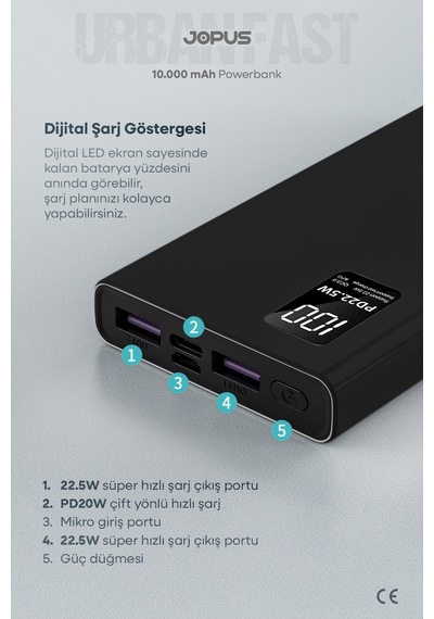 Jopus 10000mah Powerbank Pd 22.5w Hızlı Şarj - Dijital Ekranlı - Taşınabilir Şarj Cihazı Siyah