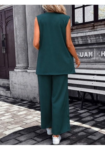 Buğrahayalin Kadın Kolsuz Önü Açık Yakalı Cepli Janjan Krep Yelek Ve Pantolon Ikili Takım Zümrüt