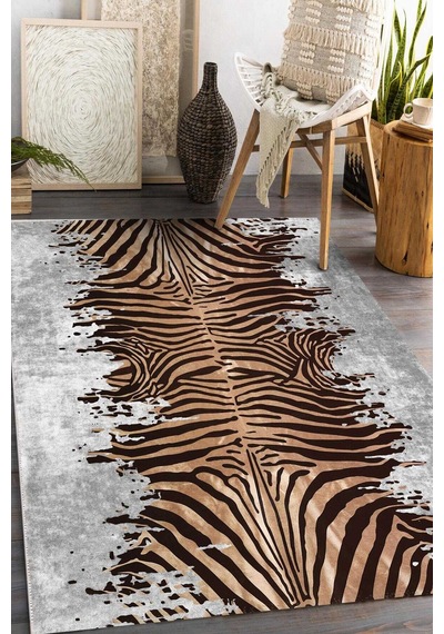 Frenda Home Zebra Desen Pamuk Taban Baskılı Halı Gri