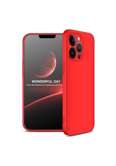 Noktaks - İphone 13 Pro Uyumlu Kılıf Parmak İzi Tutmayan Alt Üst Geçmeli 3 Parça Ays Kapak - Kırmızı - T19291