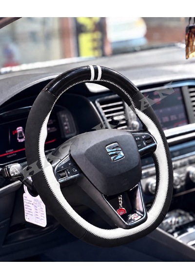 Seat Ateca Dikme Direksiyon Kılıfı Parlak Siyah Beyaz Detaylı Beyaz Çift Yüzük Ve Dikiş2016-2020