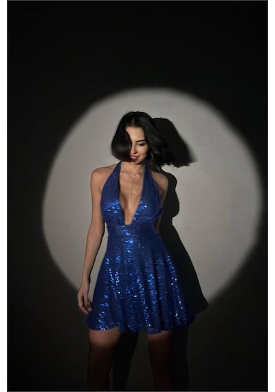 Neşeli Butik Kadın Mavi Halter Yaka Payet Elbise Nbdf046 Mavi
