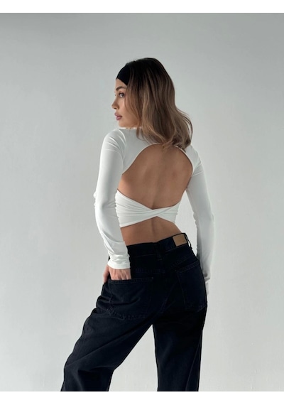 Nnstartshopping Sırt Dekoltelı Uzun Kollu Crop - Beyaz BEYAZ Beyaz