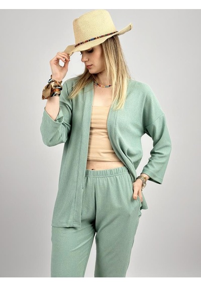 Kadın Pantolonlu Alt Üst İkili Kimono Takım Rahat Kalıp Mint Yeşili